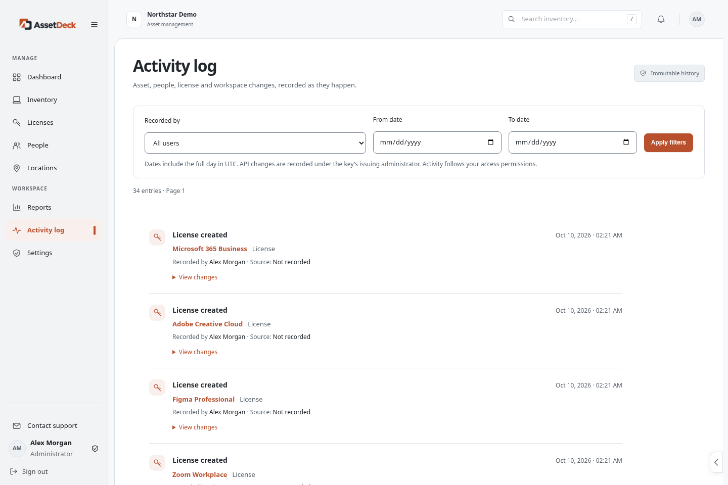 AssetDeck Activity log with recorded changes, actors and timestamps.