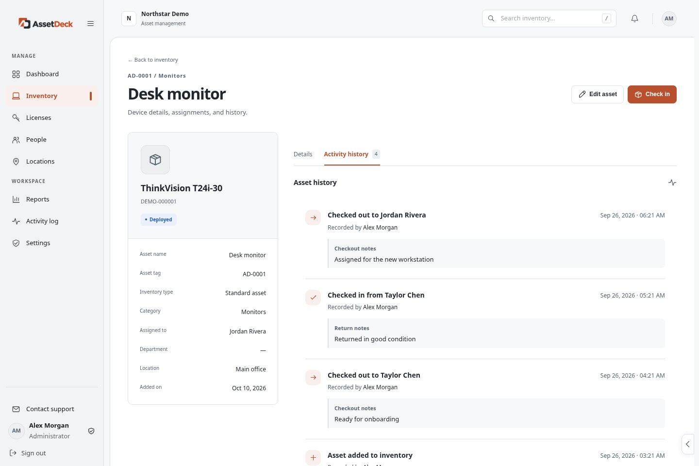 Actual AssetDeck asset details and Activity history tab with checkout, check-in, notes and the person who recorded each event.