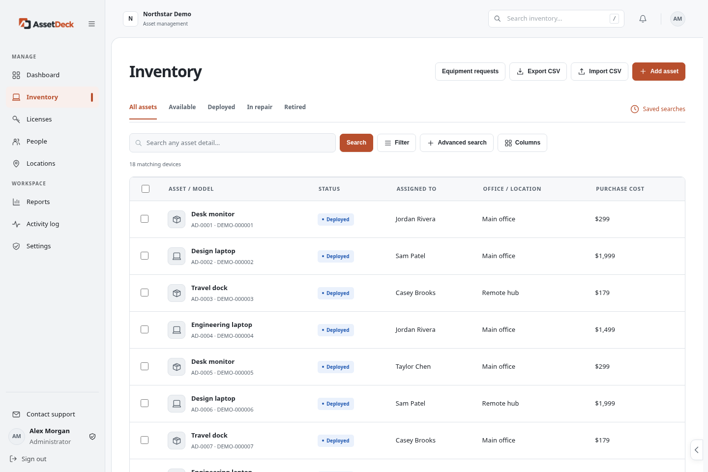 AssetDeck Inventory with searchable assets, status filters, assignments and CSV tools.