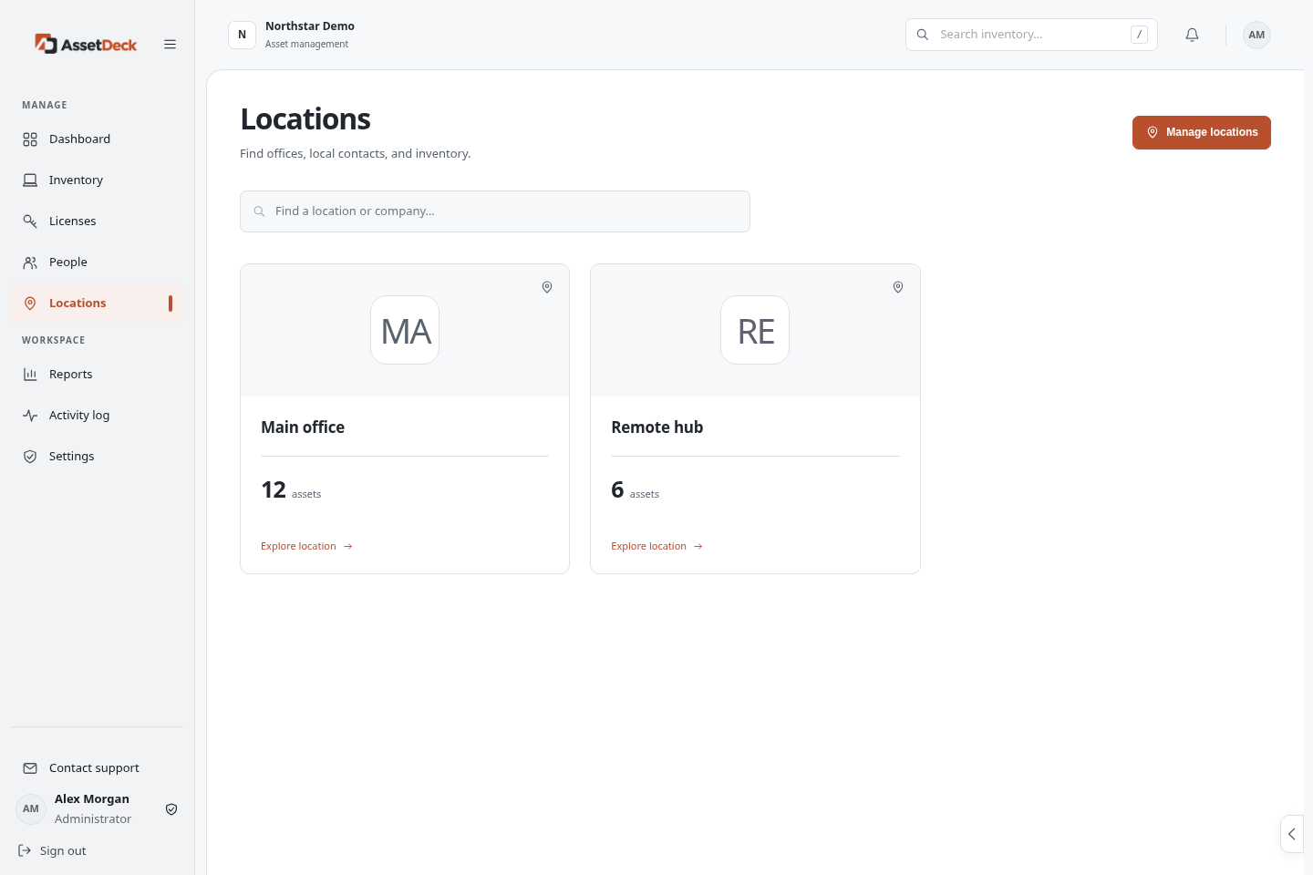 AssetDeck Locations showing offices and their asset counts.
