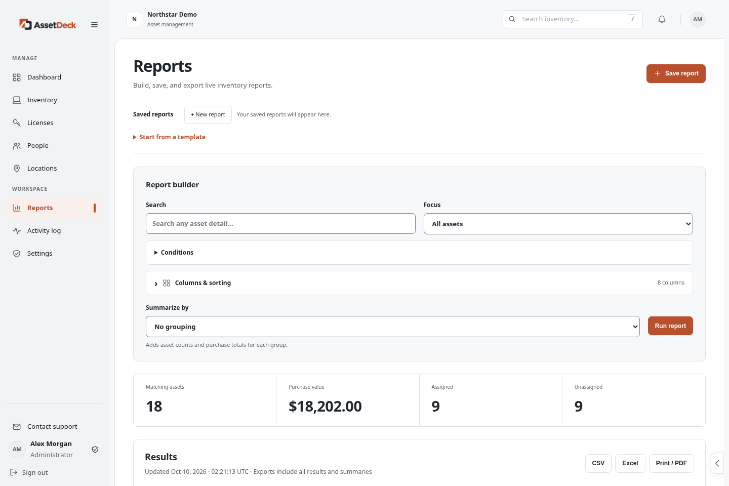 AssetDeck Report builder with filters, columns, summaries and export tools.